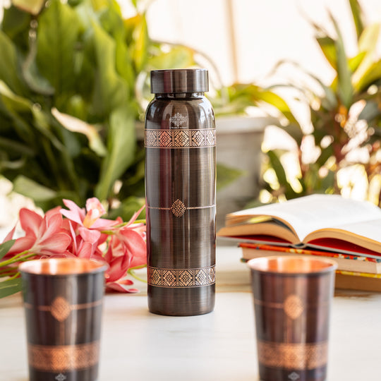 Pure Copper Drinkware Gift Set- Antique Finish Embossed Design