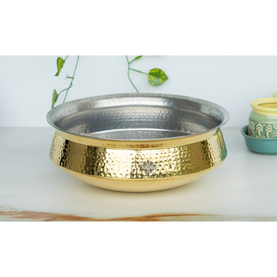 Premium brass lagan handi handmade with hammered design polished exterior and safe tin lining by Indian Art Villa India