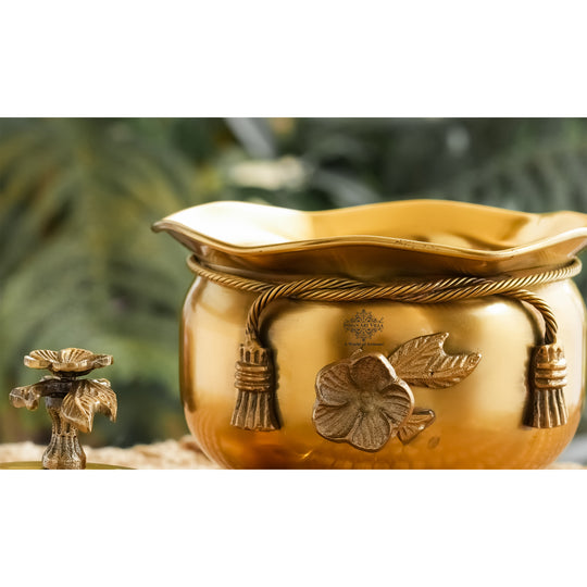 Brass Decorative Handi with Lid Neck Ribbon Bow Design  3 Legs