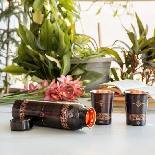 Pure Copper Drinkware Gift Set- Antique Finish Embossed Design