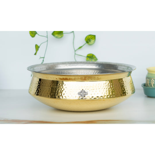 Elegant brass lagan handi with hammered surface polished golden shine and smooth tin coated interior crafted Indian Art Villa