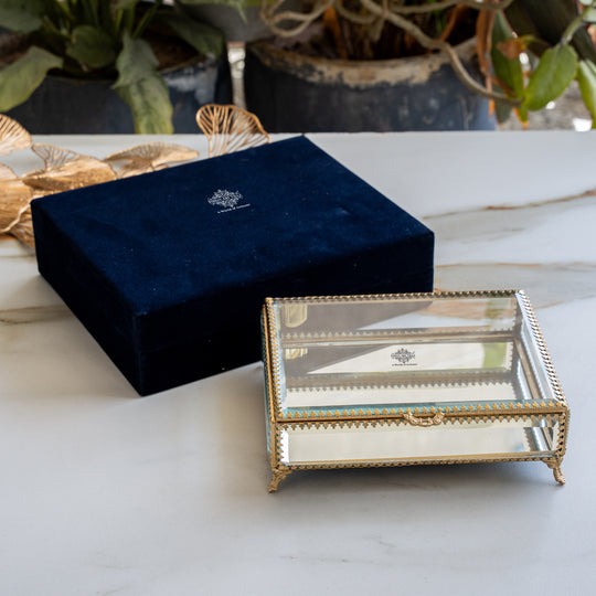 Indian Art Villa Brass & Glass Decorative Box with Embossed Shine Finish, 2.8 Inch, for Home Decor & Corporate Gifting