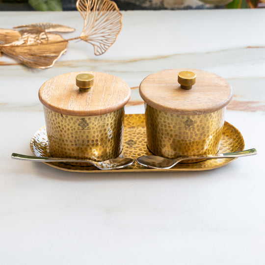 Hammered Aluminium Condiment Bowl Set with Wooden Lid and Brass Spoons