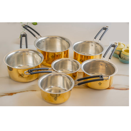 Authentic brass sauce pan with handmade polished brass body silver tin lining interior and durable black handle by Indian Art Villa