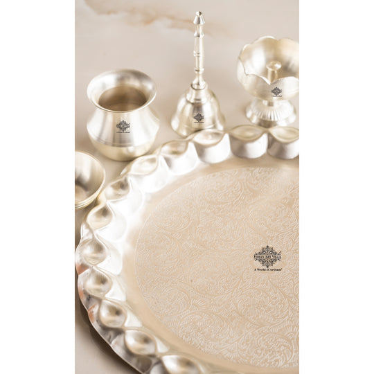 Silver Plated Pooja Thali With Embossed Design Set Of Five