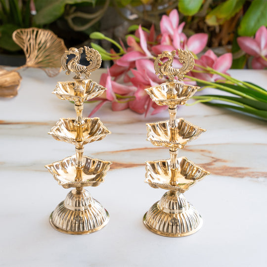 Brass Three-Tier Pillar Diya Set Of 2