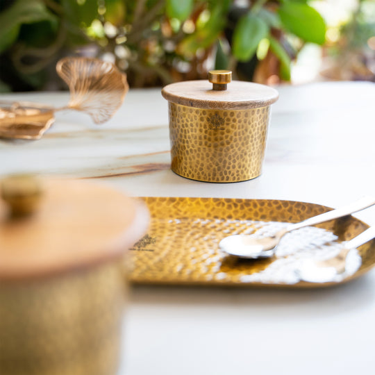 Hammered Aluminium Condiment Bowl Set with Wooden Lid & Brass Spoons