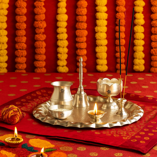 Silver Plated Pooja Thali With Embossed Design Set Of Five