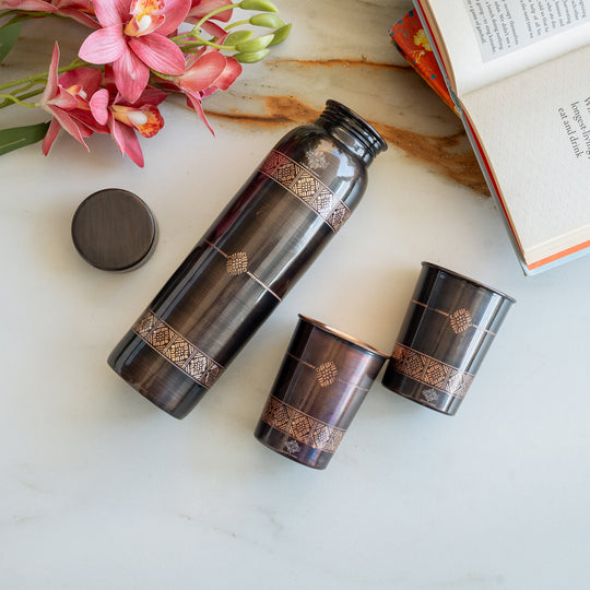 Pure Copper Drinkware Gift Set- Antique Finish Embossed Design