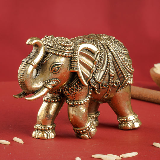 Brass Elephant Showpiece with Raised Trunk – Symbol of Prosperity