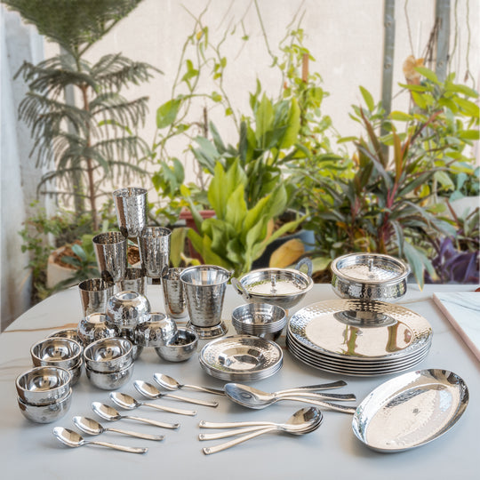 Handcrafted pure stainless steel royal dinner set 52 pieces front view — Indian Art Villa