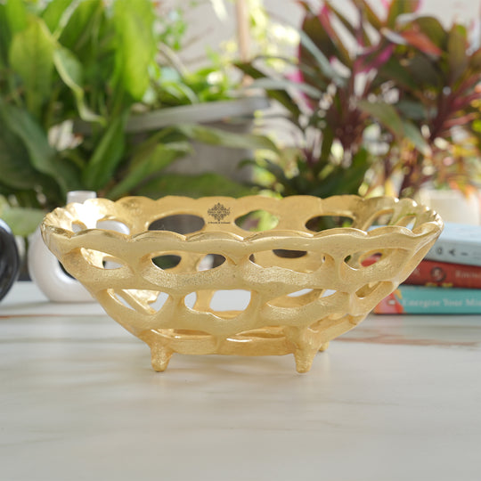 Brass Finish Hollow Design Fruit Basket,12 Inches Length