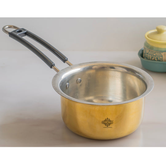 Beautiful pure brass patila with tin lining and long handle handmade cookware from Indian Art Villa with classic design