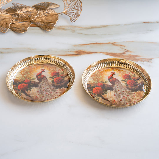Indian Art Villa Brass Thali With Pichwai Peacock Print Set Of 2, 7 Inch for Daily Rituals & Gifting