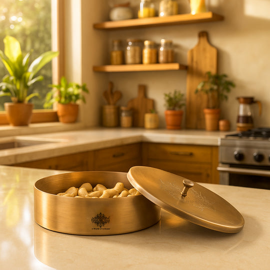 Pure Brass Masala Box With Two  Peacock Design On Lid
