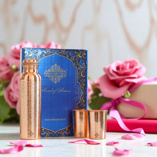 Pure copper water bottle and glass set with embossed design, 900 ml bottle and 275 ml glass in decorative blue Indian Art Villa gift box