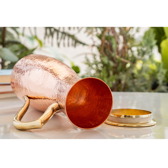 Copper handcrafted jug with brass handle and lid, 1400 ML capacity