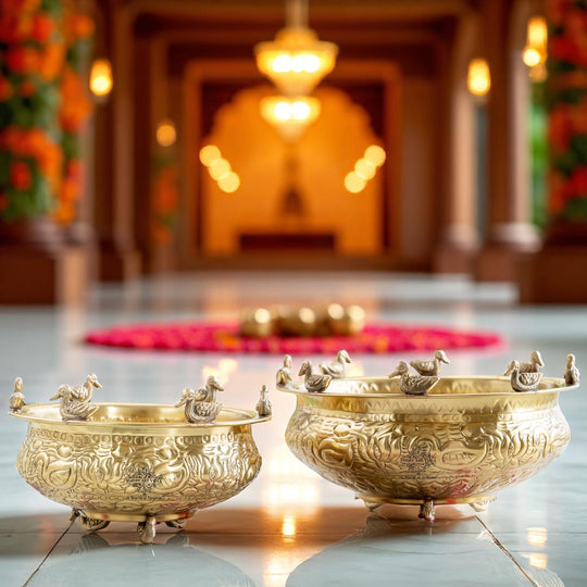 Brass Urli with Duck & Lotus Design – Traditional Decor