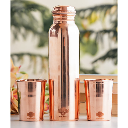 Pure Copper Glossy Look Leak Proof Water Bottle & Two Glasses with a Gift Box