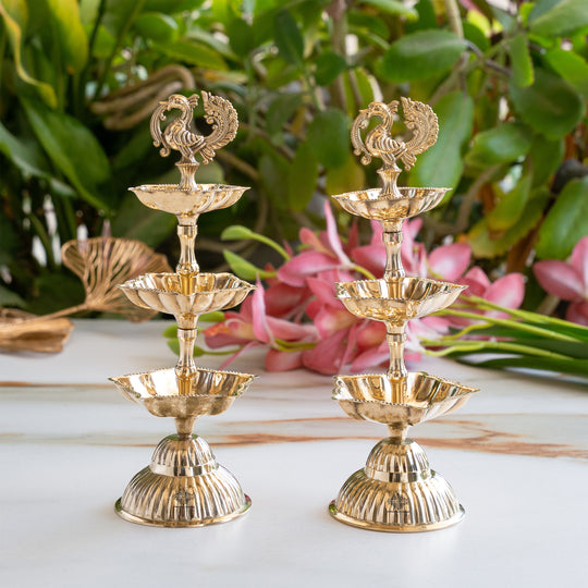 Brass Three-Tier Pillar Diya Set of 2 8 Inch Shine Finish