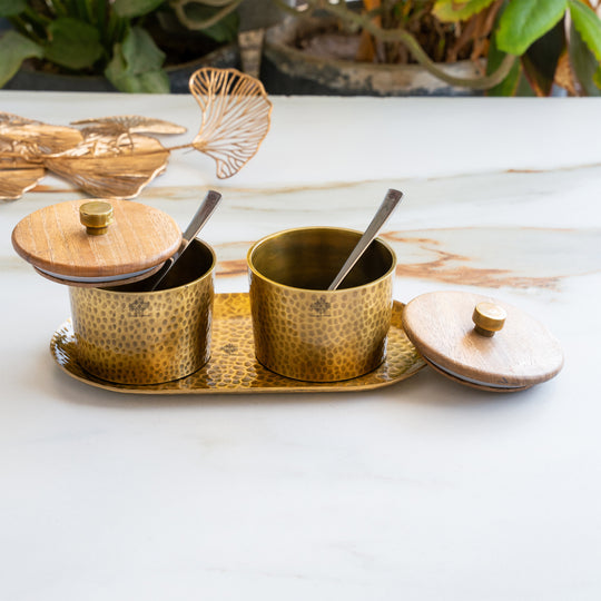 Hammered Aluminium Condiment Bowl Set with Wooden Lid & Brass Spoons