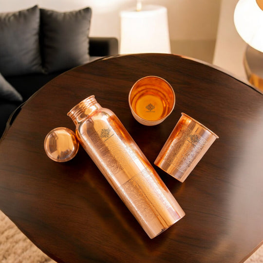 Indian Art Villa embossed pure copper water bottle set 900 ml with 275 ml glass, tambe ki bottle in decorative blue gift box