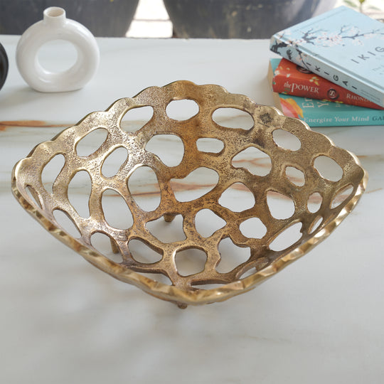 Brass Finish Hollow Design Fruit Basket,12 Inches Length