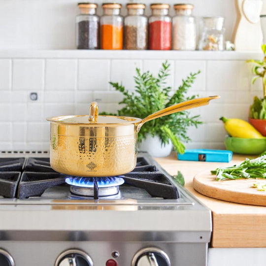 Authentic hammered brass sauce pan with lid and tin lining created as a memorable gift for housewarming or wedding parties