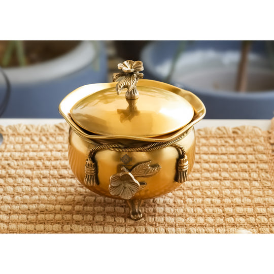Brass Decorative Handi with Lid Neck Ribbon Bow Design  3 Legs