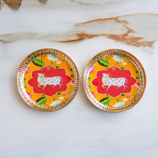 Indian Art Villa Brass Thali With Pichwai Cow Print Set Of 2, 7 Inch for Daily Rituals & Gifting