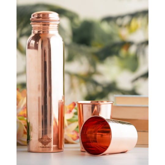 Pure Copper Glossy Look Leak Proof Water Bottle & Two Glasses with a Gift Box