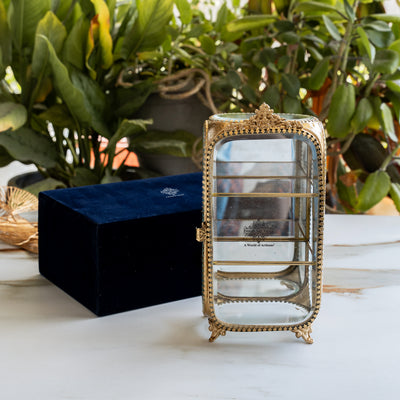 Brass & Glass Embossed Mini Almirah, 3.8 Inch Decorative Box for Home Decor & Gifting