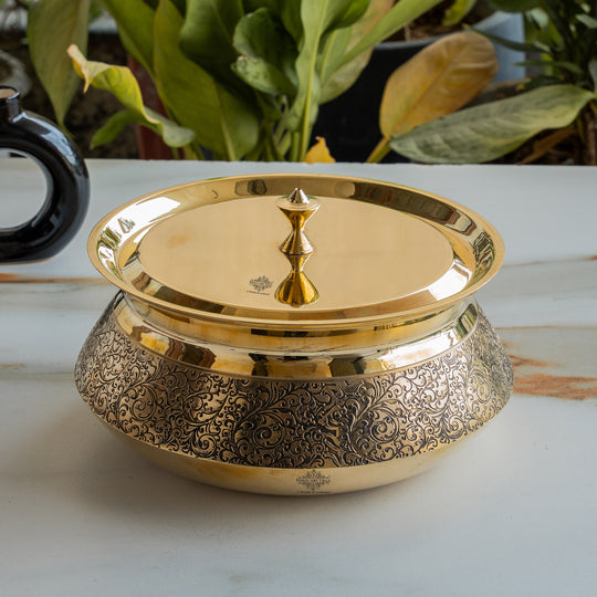 Pure Brass Handi with Lid - Embossed Floral Design Cookware