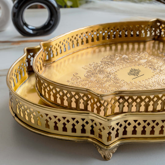 Handmade Pure Brass Matt Oval Embossed Tray - Servware & Tableware