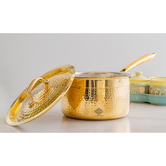 Pure hammered brass sauce pan with long handle tin coated inner surface and matching brass lid crafted for authentic cooking