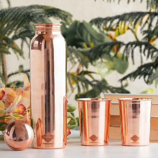 Pure Copper Glossy Look Leak Proof Water Bottle & Two Glasses with a Gift Box