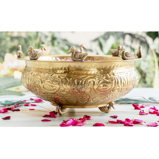 Brass Urli with Duck & Lotus Design – Traditional Decor