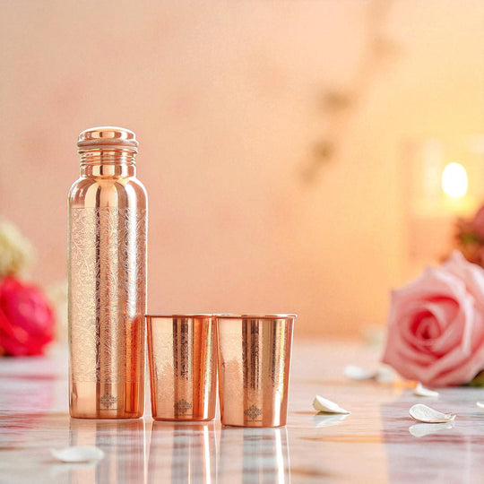 Indian Art Villa copper water bottle set with embossed detailing, 900ml tambe ki bottle and 275ml glass in premium blue box