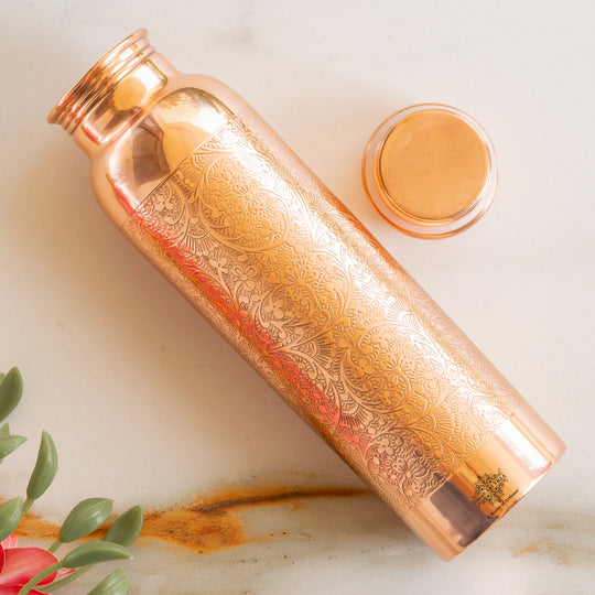 Pure Copper Water Bottle with Embossed Design
