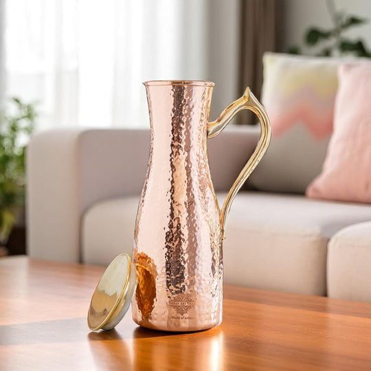 Copper Jug with Hammered Curve Design, Brass Handle & Lid – 1400 ML