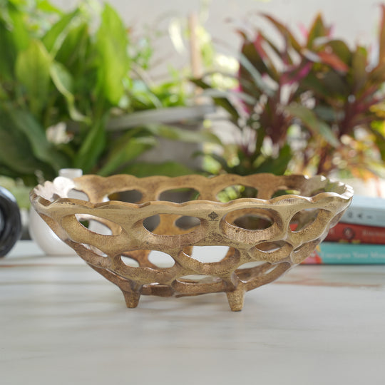 Brass Finish Hollow Design Fruit Basket,12 Inches Length