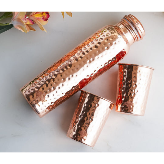 Pure Copper Hammered Leak Proof Water Bottle & Two Glass