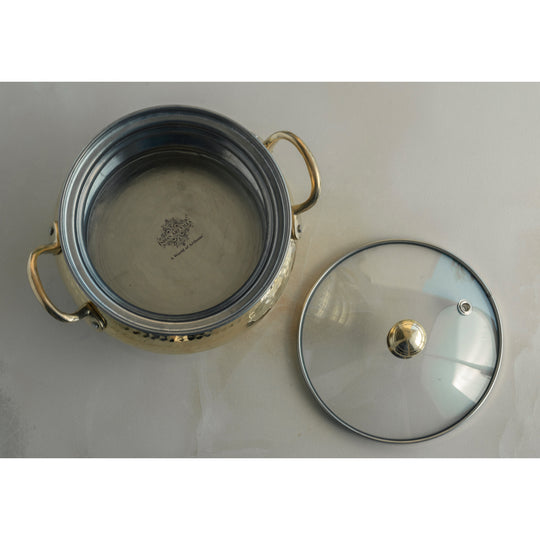 Luxury hammered brass handi by Indian Art Villa with polished tin interior and glass lid combining durability and timeless design