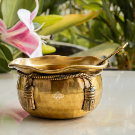 Brass Bowl & Spoon Set With Velvet Box - Hammered Design