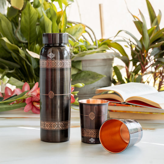 Pure Copper Drinkware Gift Set- Antique Finish Embossed Design