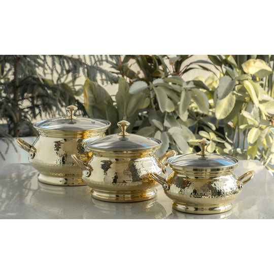 Handcrafted hammered brass cooking pot by Indian Art Villa with tin lining and glass lid perfect for cooking traditional Indian dishes