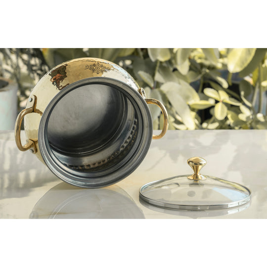 Durable hammered pital handi with high-quality tin lining and glass lid crafted with intricate hammered patterns and polished finish