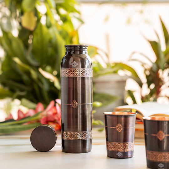 Pure Copper Drinkware Gift Set- Antique Finish Embossed Design