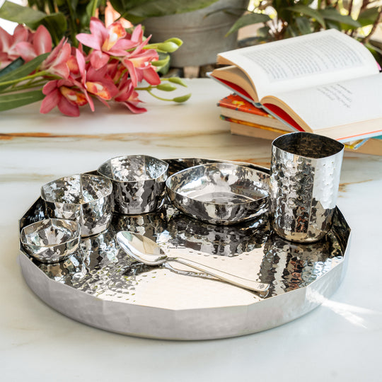 Hammered Stainless Steel Dinner Set 7 Pcs Premium Thali