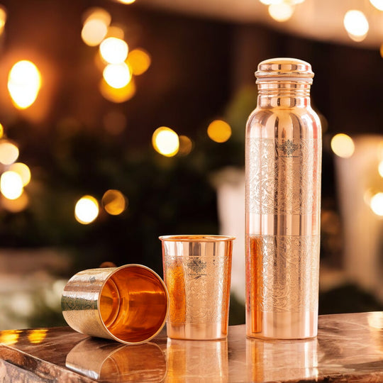 pure copper water bottle and tumbler set, 900ml embossed tamra bottle with 275ml glass for Ayurvedic drinking water and gifting